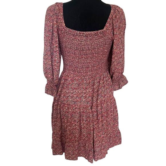 Angie Women's Boho Twist Keyhole 3/4 Sleeve Mini Dress Red Brown Size Large - Picture 2 of 9